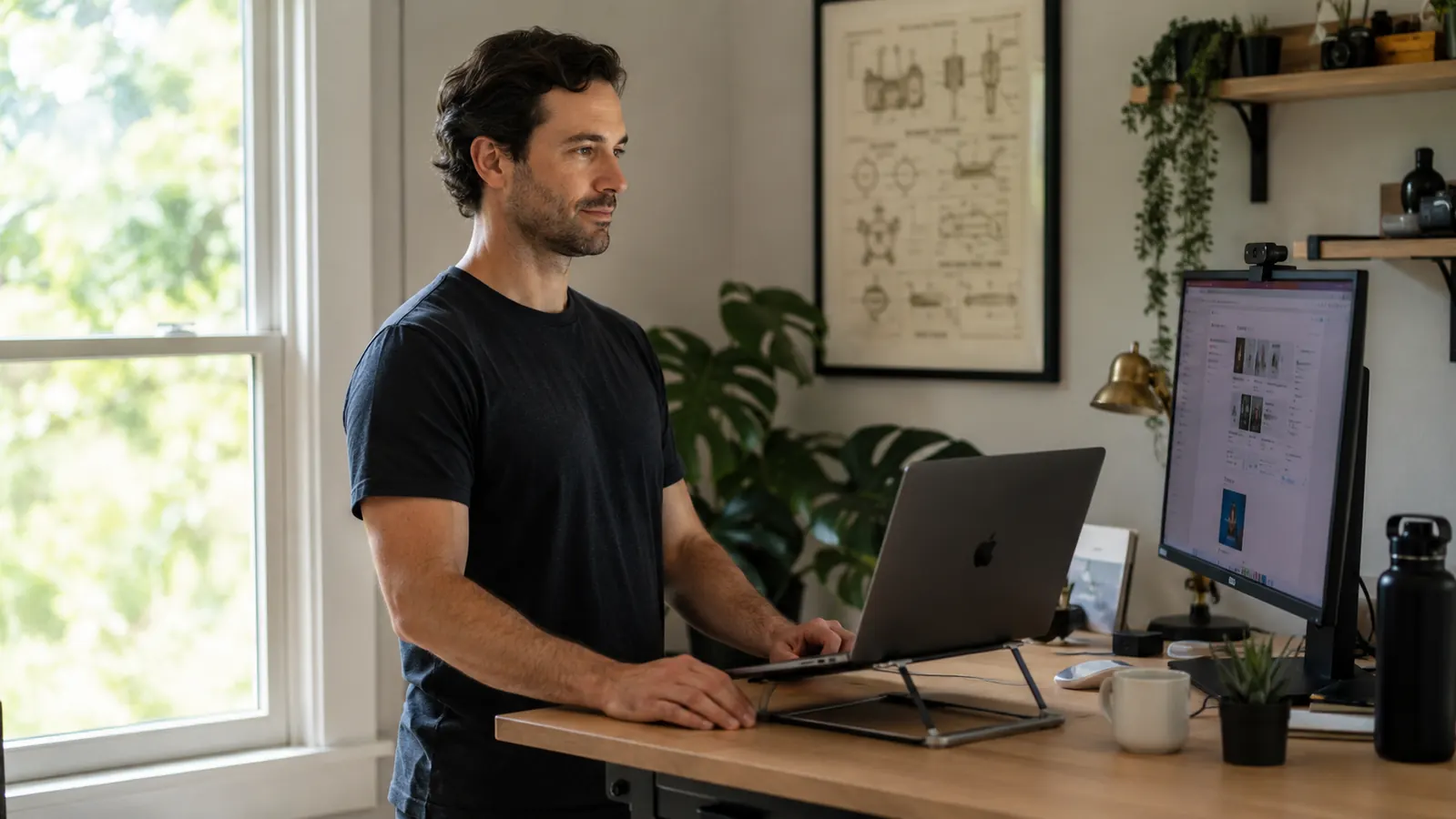 Person standing at a home office standing desk looking relaxed and focused