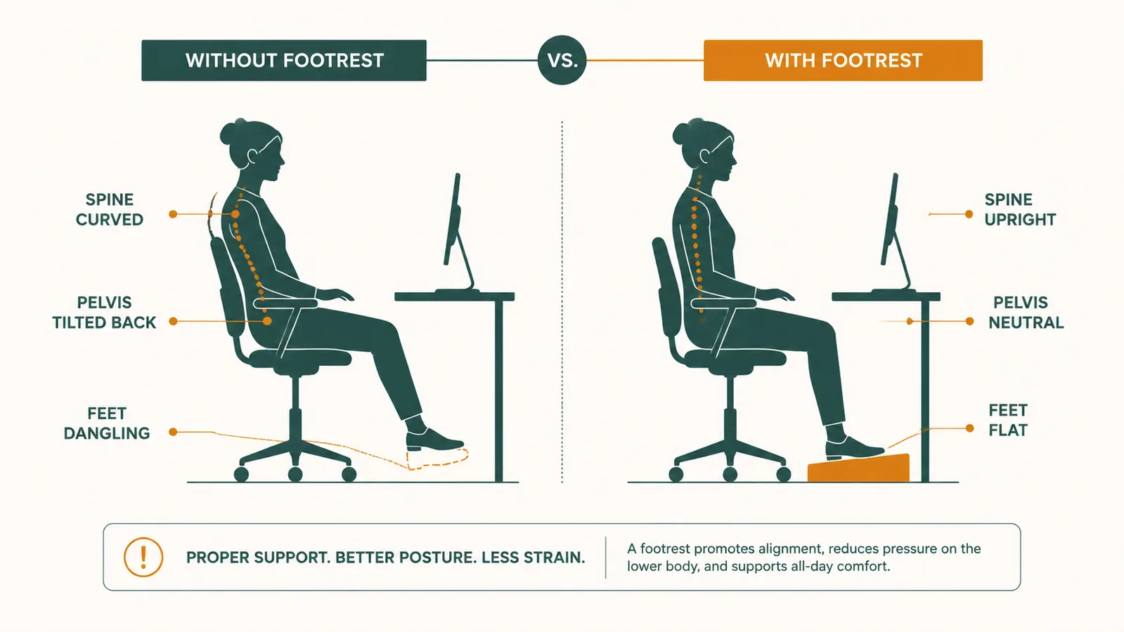 Side-by-side diagram showing spine alignment with and without a footrest while seated