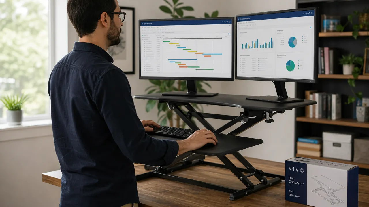 VIVO 32-inch desk converter raised to standing height with dual monitors on a wooden desk