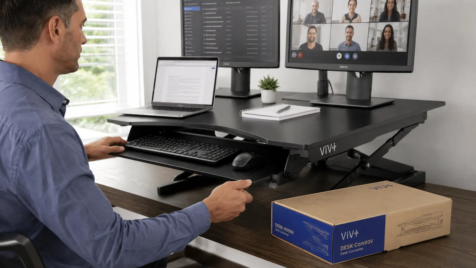 Person lowering a desk converter back to sitting height during a video call