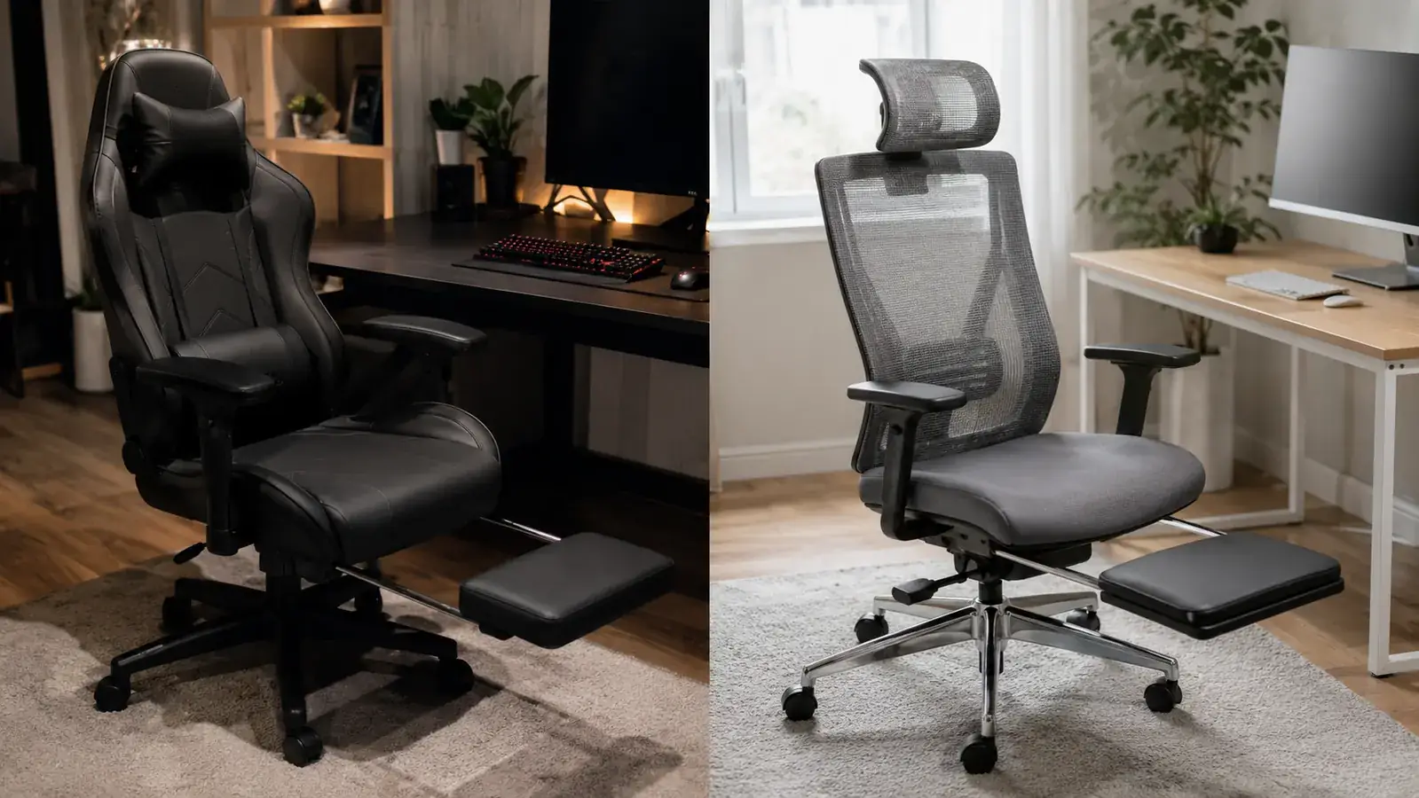 Split image showing a gaming chair on left and a standard office chair on right, both with a footrest underneath