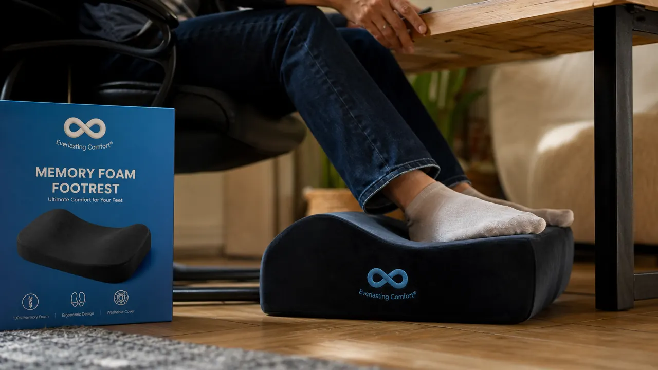 Close-up of the Everlasting Comfort footrest surface texture and velvet cover under a desk