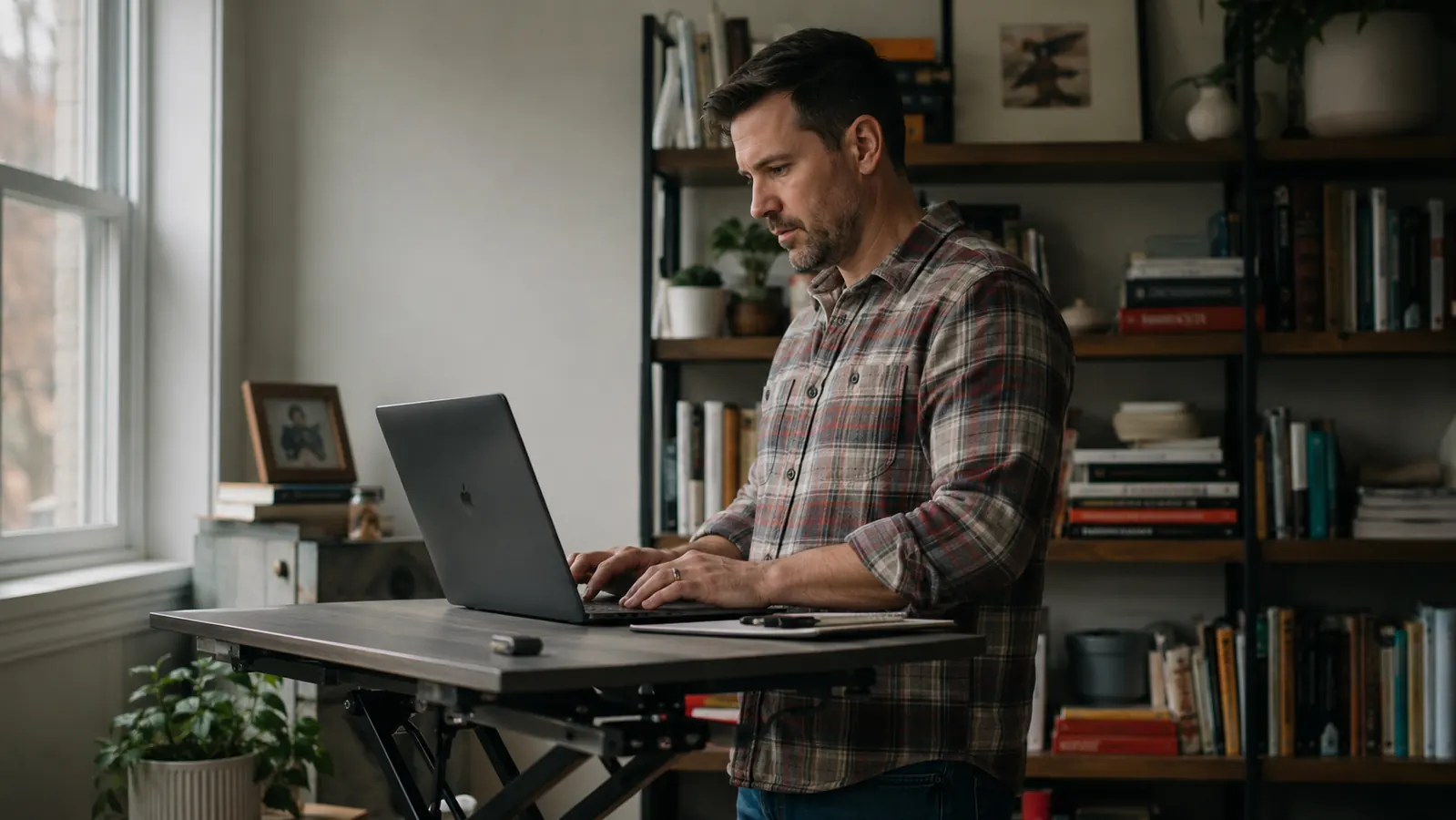Person standing at a raised desk converter working on a laptop, relaxed posture, home office background