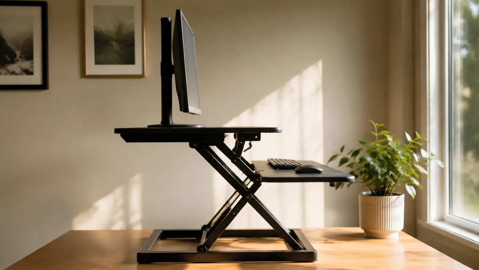 Side view of a desk converter at standing height with a monitor and small plant, clean desk surface below