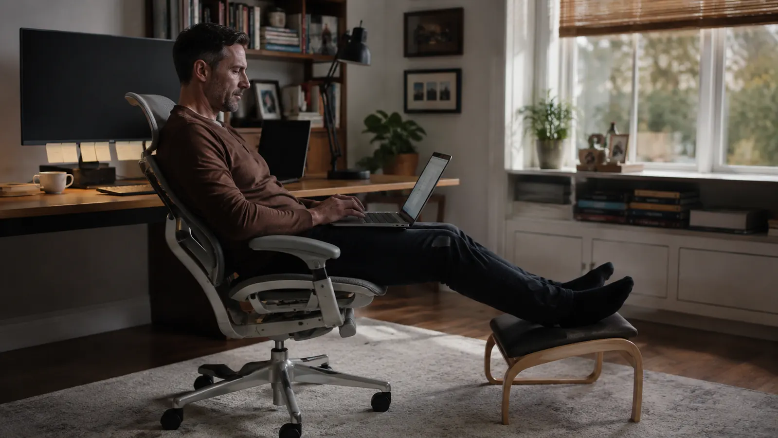Person at a standing desk leaning back in chair with ankles slightly elevated on a footrest, looking relaxed