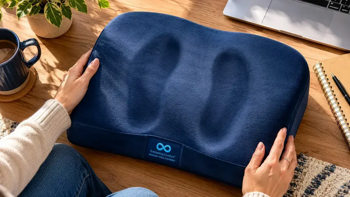Close-up of memory foam footrest surface showing dense foam texture and anti-slip bottom