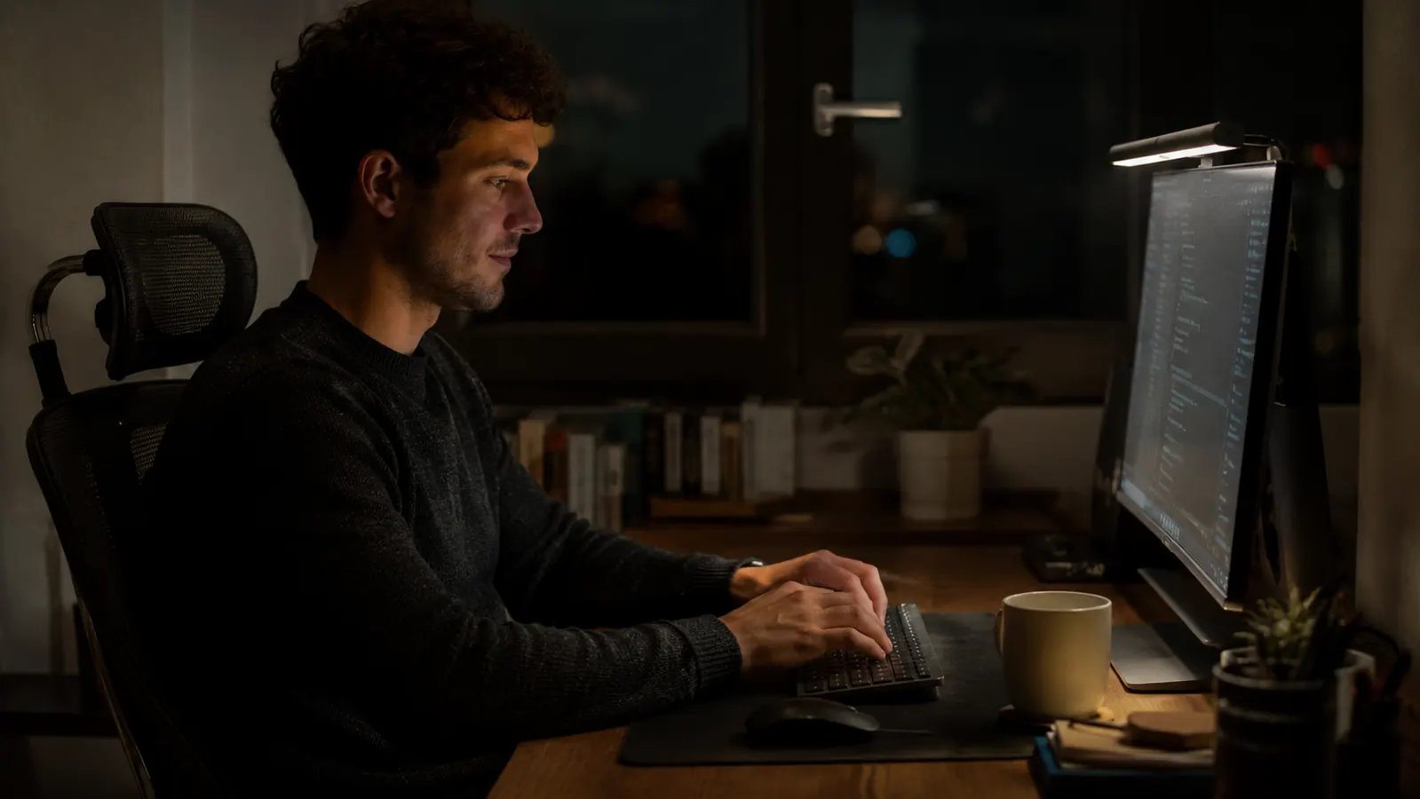 Home office desk with monitor lamp on, overhead room light off, comfortable evening work environment with no eye strain