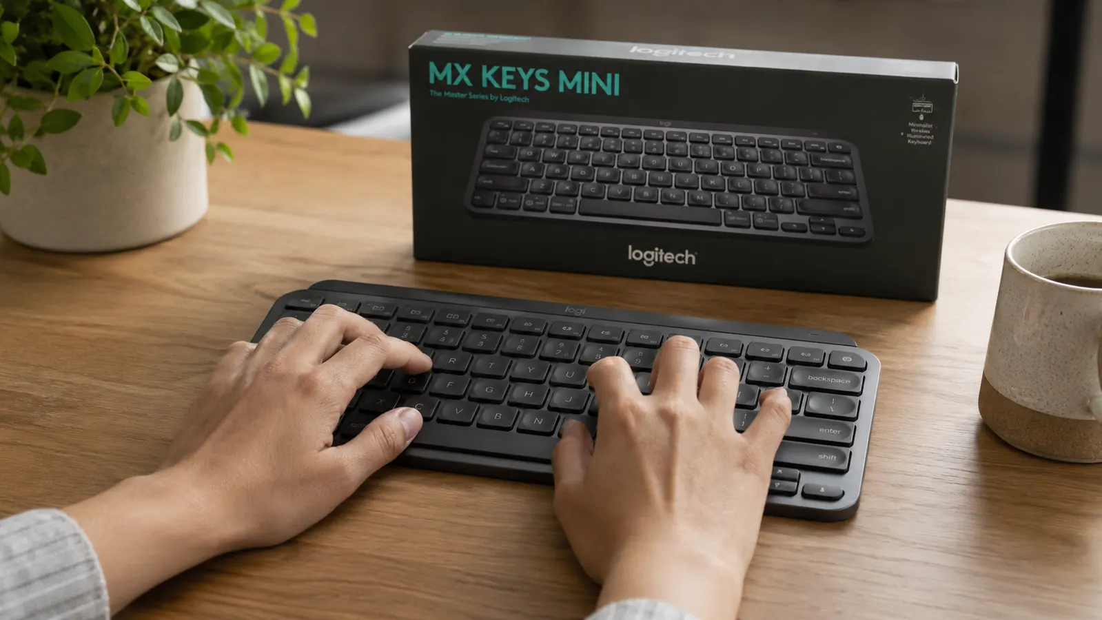 Close-up of hands typing on a Logitech MX Keys Mini compact keyboard showing flat key profile and neutral wrist angle