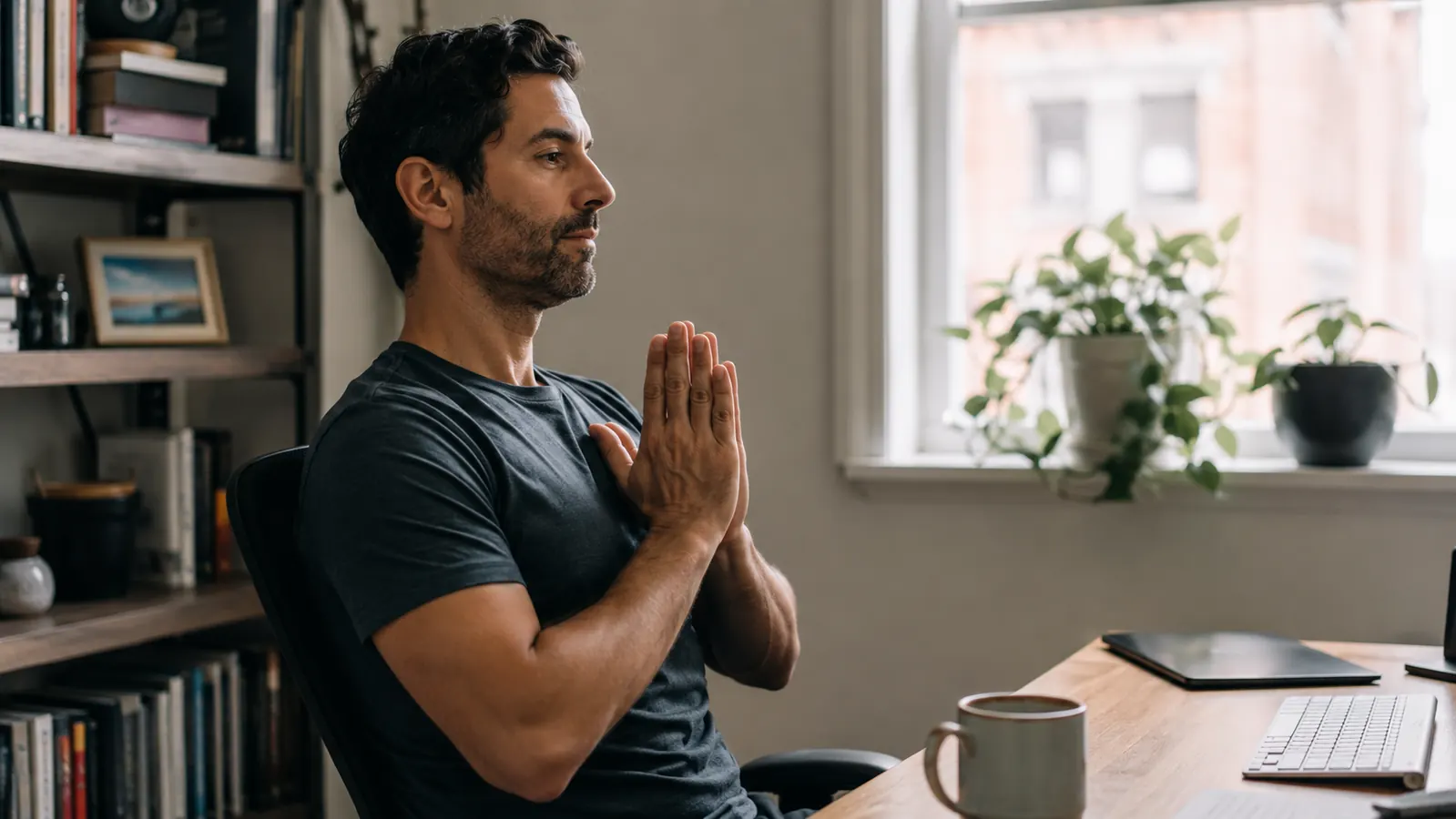 Person doing a wrist stretch at their home office desk, palms pressed together in a prayer stretch in front of chest
