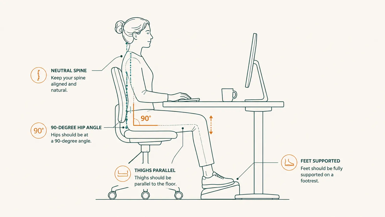 Diagram showing correct seated desk posture: hips at 90 degrees, thighs parallel to the floor, feet flat on a footrest