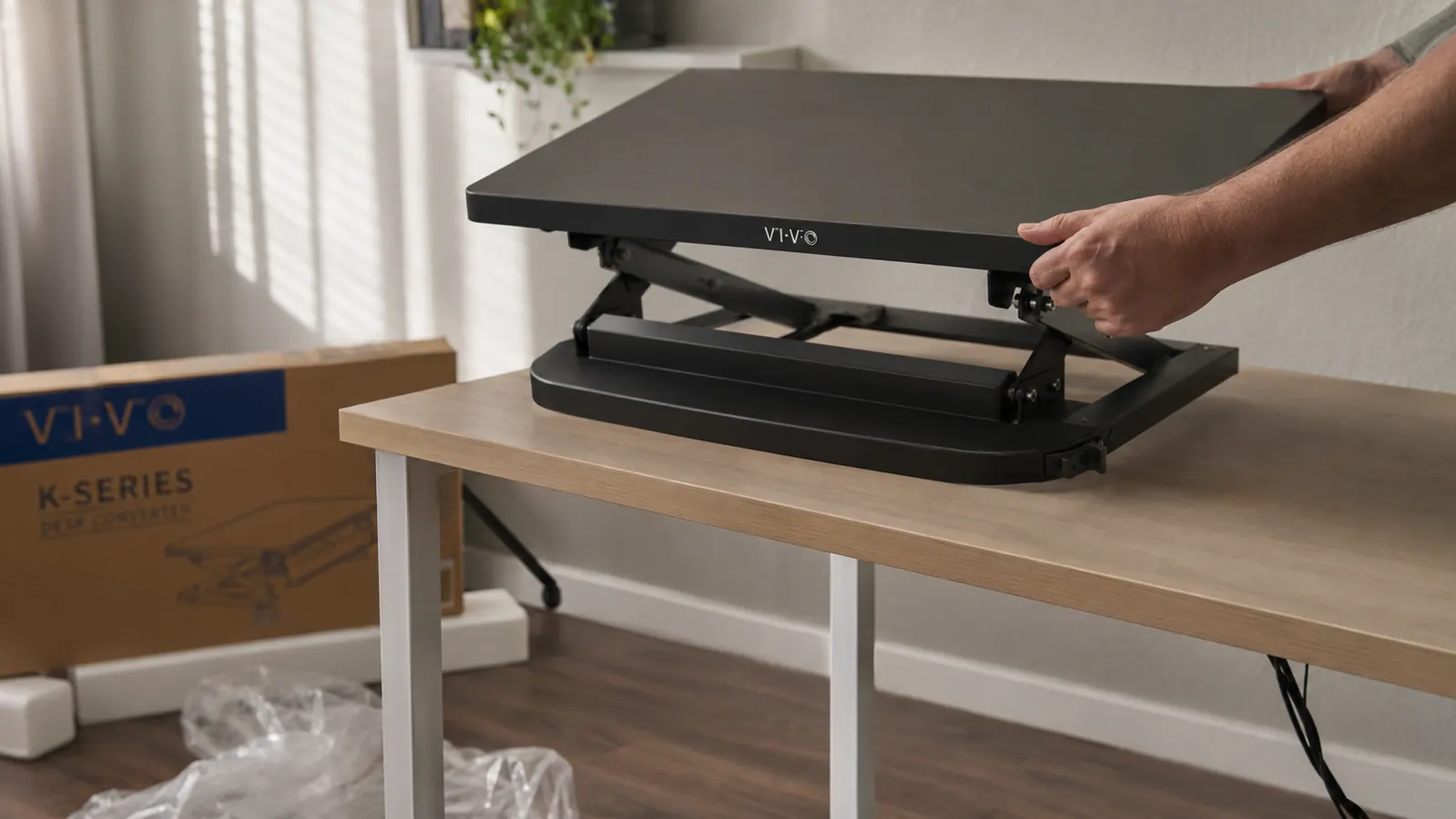 Person placing a VIVO desk converter on top of an existing wooden desk, unboxing still visible in background