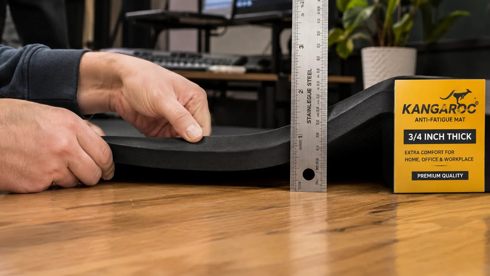 Close-up of a thick black foam mat surface showing texture and thickness from a side angle