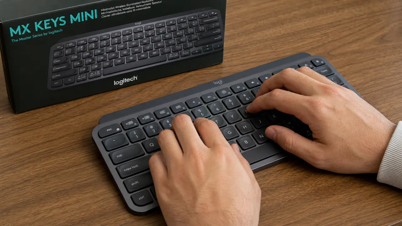 Close-up of a hand resting on the Logitech MX Keys Mini showing the spherically concave key caps and key spacing