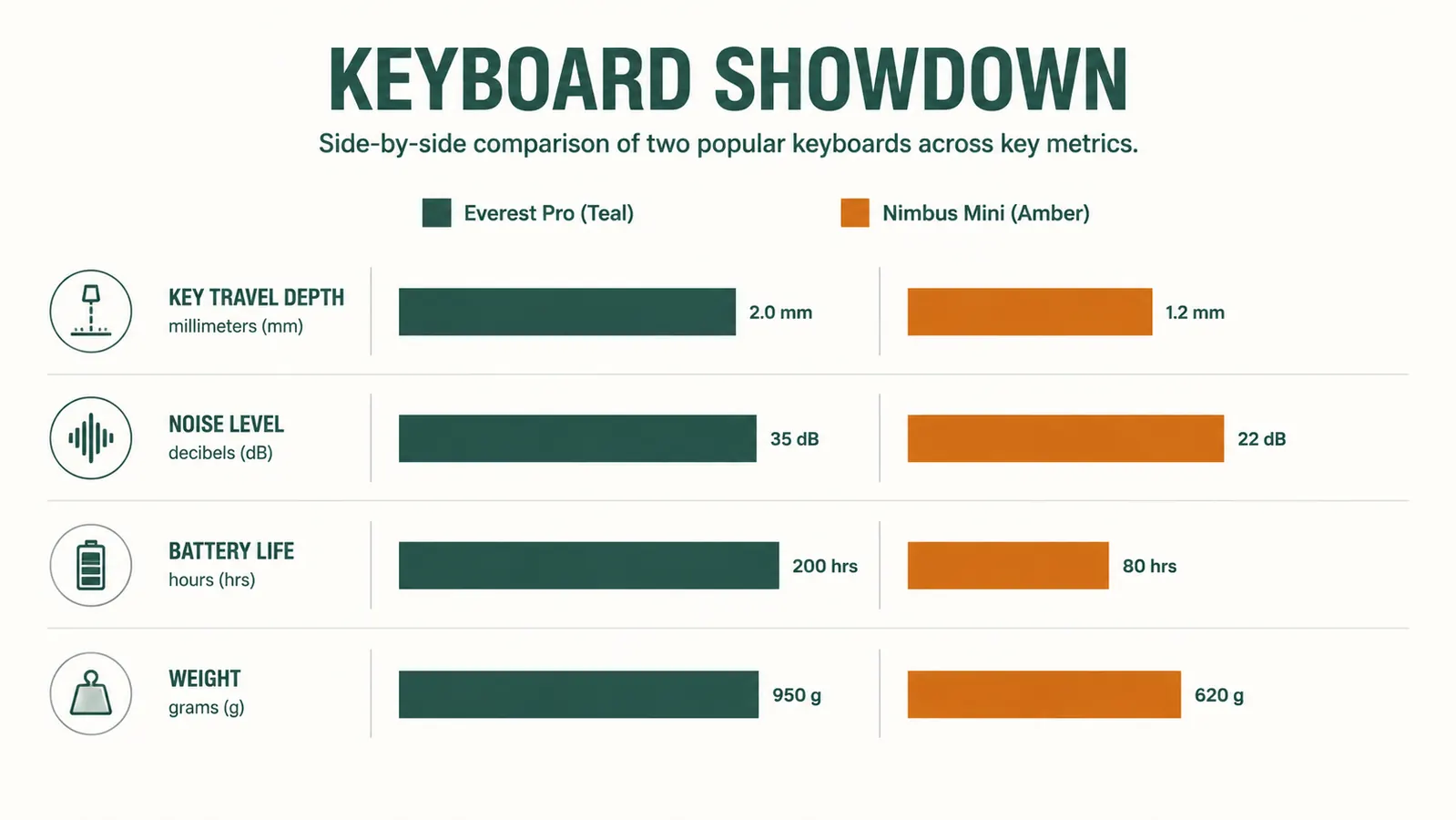 Side-by-side chart comparing key travel depth, noise level, battery life, and weight for MX Keys Mini vs MX Mechanical