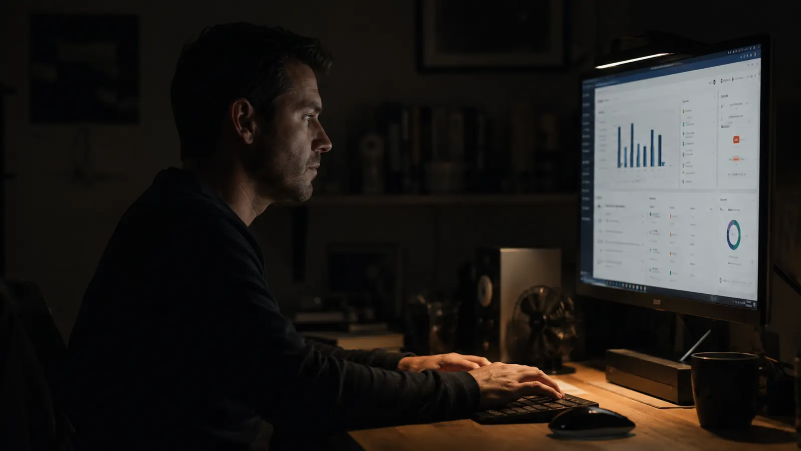 Person working at night with only the Quntis lamp on, showing the actual pool of light it casts on the desk surface
