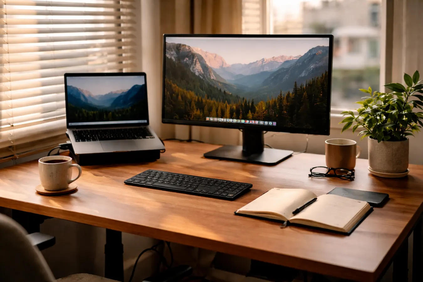 Home office desk with VIVO converter lowered to sitting height, notebook and coffee cup on the side, relaxed afternoon lighting